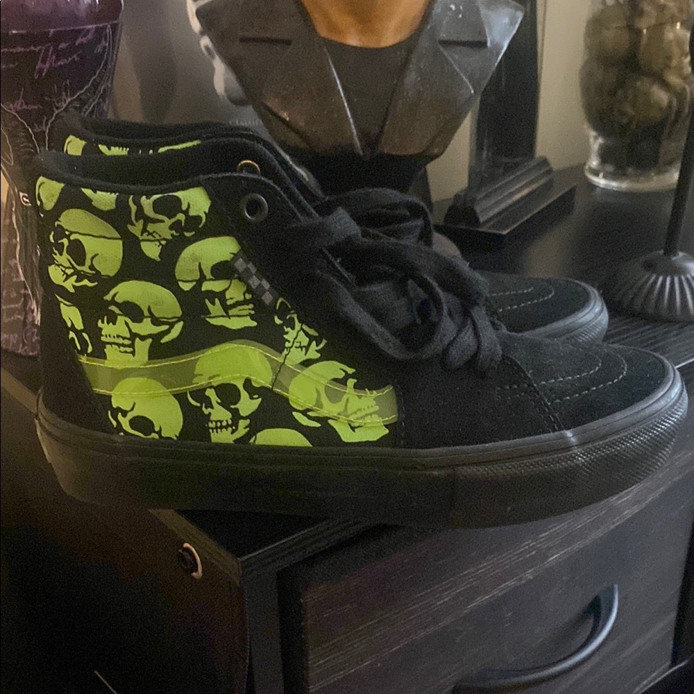 Vans Black and Neon Green High-Tops